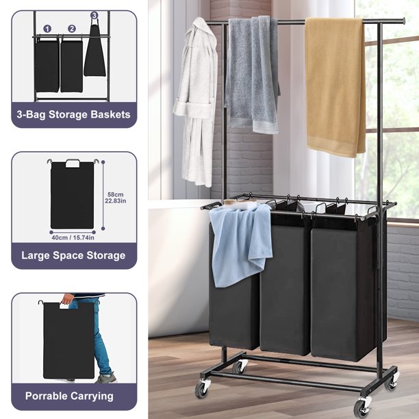 YOUPINS 3 Bag Laundry Sorter Cart with Coat Rack, Laundry Hamper Sorter with Rolling Wheels and Removable Bags for Clothes Storage,Laundry Organizer Basket Laundry Clothes Hamper, Black