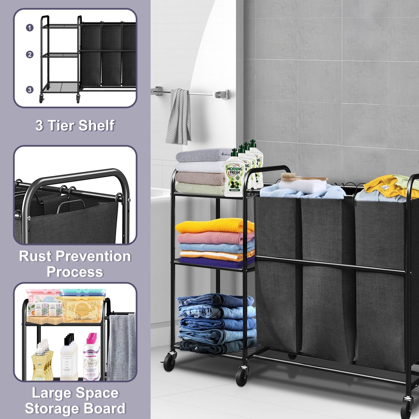 YOUPINS 3 Bag Laundry Sorter Cart with Storage Shelf, Laundry Hamper Sorter with Rolling Wheels and Removable Bags for Clothes Storage,Laundry Organizer Basket Laundry Clothes Hamper, Black