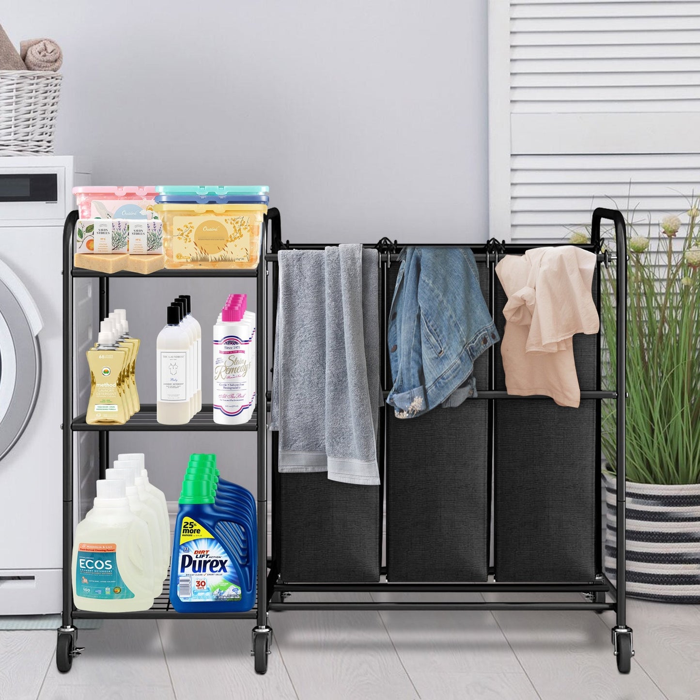 YOUPINS 3 Bag Laundry Sorter Cart with Storage Shelf, Laundry Hamper Sorter with Rolling Wheels and Removable Bags for Clothes Storage,Laundry Organizer Basket Laundry Clothes Hamper, Black