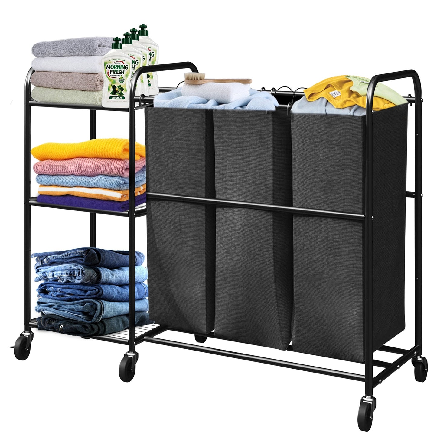 YOUPINS 3 Bag Laundry Sorter Cart with Storage Shelf, Laundry Hamper Sorter with Rolling Wheels and Removable Bags for Clothes Storage,Laundry Organizer Basket Laundry Clothes Hamper, Black