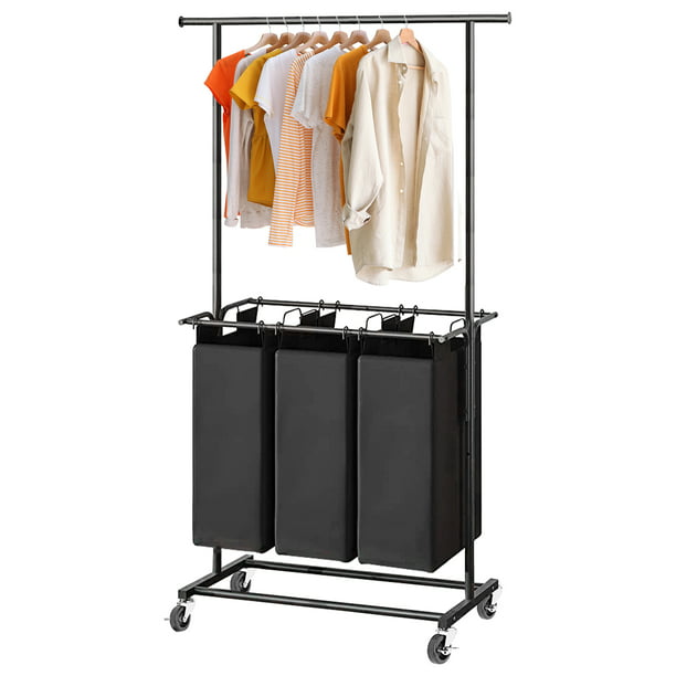 YOUPINS 3 Bag Laundry Sorter Cart with Coat Rack, Laundry Hamper Sorter with Rolling Wheels and Removable Bags for Clothes Storage,Laundry Organizer Basket Laundry Clothes Hamper, Black